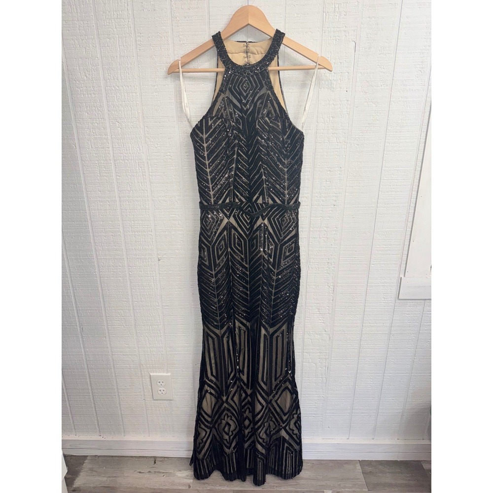 Dimitra Designs Sparkle Gown Black Sequin Art Deco Halter Maxi Dress Size 12